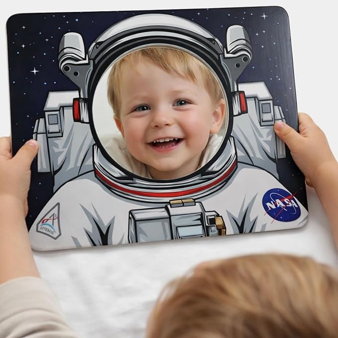 NASA Themed Astronaut Mirror for Toddlers & Kids – Montessori-Inspired Wooden Toy & Space Toy | Kids Room Decor | Shatterproof Mirror for STEM & Early Development | Boys and Girls Gift Ages 1-10