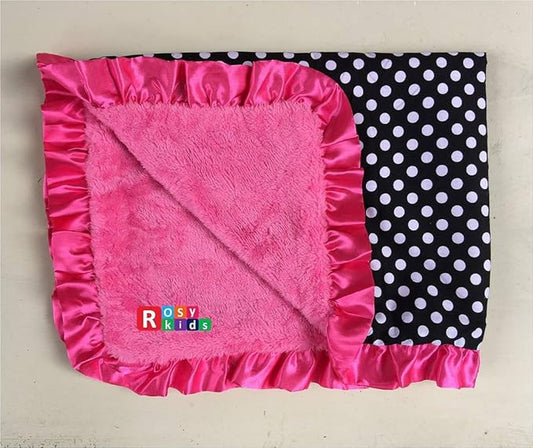 Rosy Kids Soft Baby Blanket, Outdoor Kit Standard Size for Baby Girl and Baby Boy, Black Ground White Dots Cotton Hot Pink Velvet