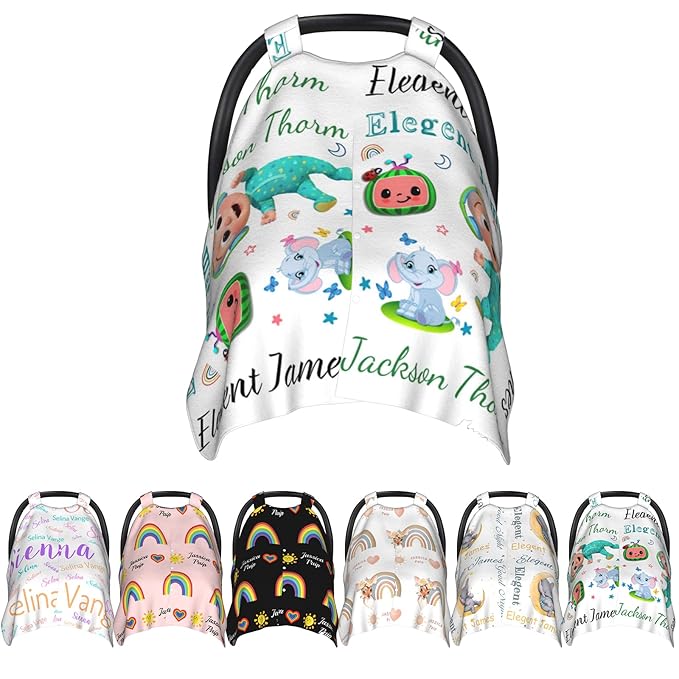 Personalized Baby Name Car Seat Covers for Girls, Nursing Custom Elephant Carseat Canopy for Babies Boy Winter Breastfeeding Cover Car Seat Canopies for Newborn Infant Toddler