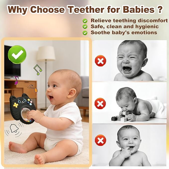 Teething Toys for Baby, Sensory Baby Chew Toy, Rattle Ring Teether Toys for Babies 0-3-6-12 Months, Silicone TV Remote Control Shape for New Baby Gift (Black)