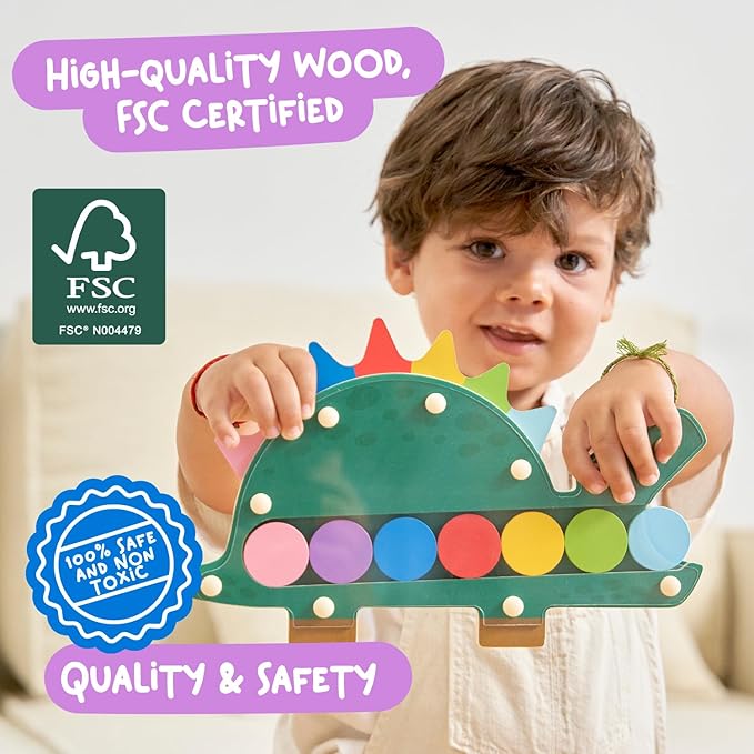 Nene Toys Hungry Dino, Montessori Wooden Dinosaur Toy for Toddlers, Color Sorting and Matching Game, Learning Toys for 2 3 Years Old Kids, Preschool Educational Game, Gift for Boys Girls 2+ Years