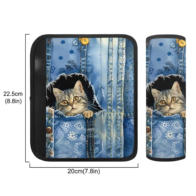Biyejit 2 Pack Cute Denim Cat Seat Belt Covers for Kids, Soft Seat Belt Cushion for Children, Anti-Slip Design Car Seat Belt Pads Cover for Girls and Boys Car Accessories