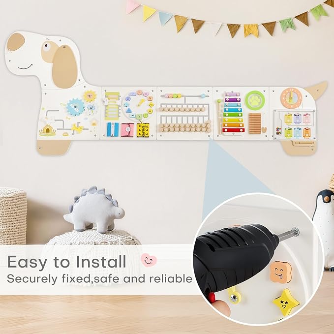 Wooden Dog Wall Busy Board Panels, Sensory Wall Activity Board for Toddlers 1-3, Montessori Learning Activity Center, Educational Toys for Kids Room, Preschool & Daycare