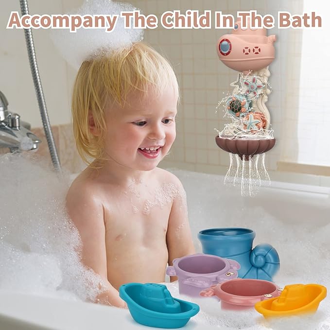 LZZAPJ Bath Toys for Toddlers Age 2-4, Bathtub Water Toys for Kids Age 1-3, Toddler Bath Toy Contains 4 Stackable Cups and 2 Boats and 1 Conch Spoon, Gift for Infants Boys Girls 6-12 Months