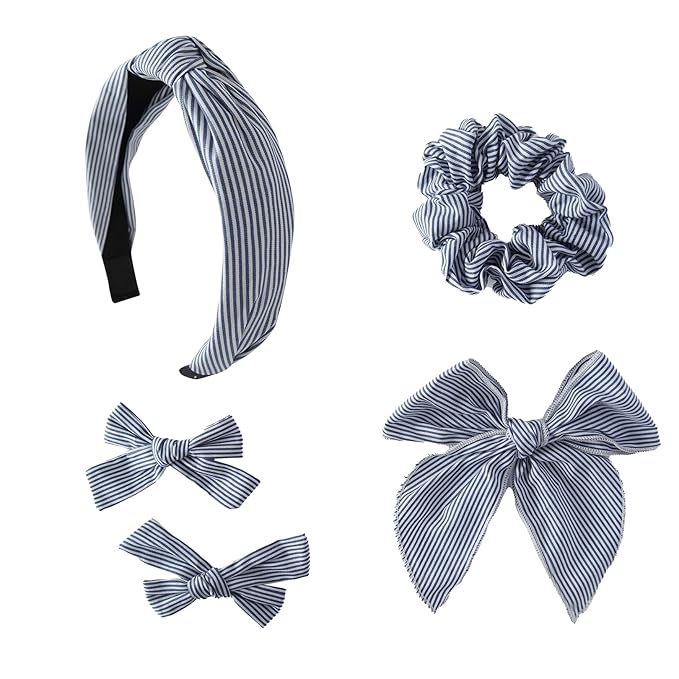 5 Pcs Striped Hair Bows School Uniform Knotted Striped Headband Scrunchies Hair Bow Set Alligator Clips for Toddler Girls Accessories for Little School Girls (Navy Blue)