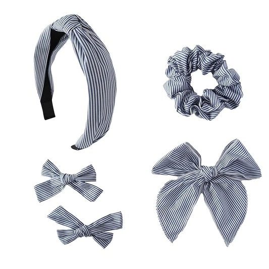 5 Pcs Striped Hair Bows School Uniform Knotted Striped Headband Scrunchies Hair Bow Set Alligator Clips for Toddler Girls Accessories for Little School Girls (Navy Blue)