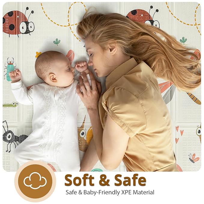 Foldable Baby Play Mat, PIGLOG 50" x 50" Waterproof Playmat for Playyards for Babies, Safe Foam Playmat for Tummy Time, Reversible Playmats, Portable Floor Mat for Infant, Toddler，Dragonfly + Ant