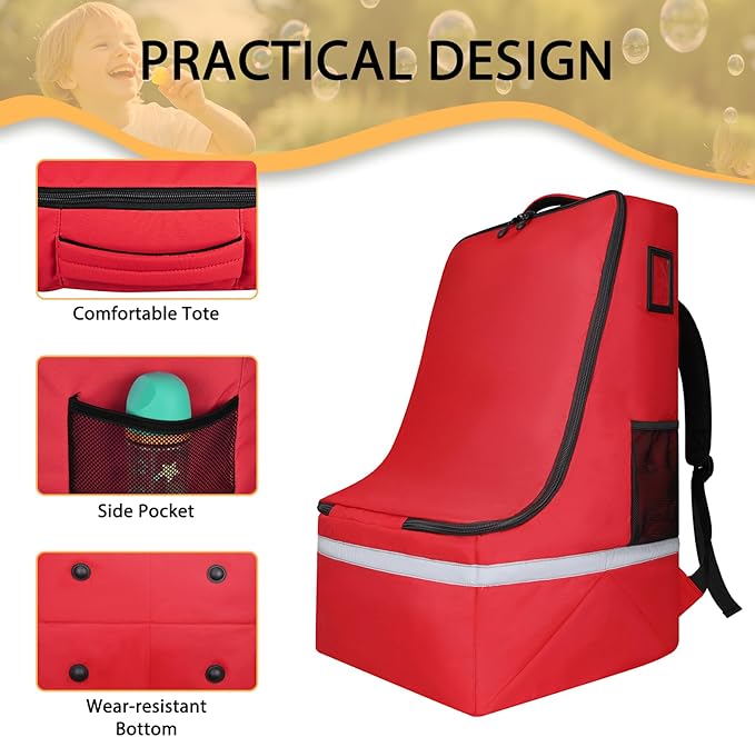 LARIPOP Car Seat Travel Bag for Airplane, Universal Gate Check Car Seat Bag, Padded Backpack with Waist Belt, Reflective Strips & Protective Feet, Fits Infant Convertible Booster Seats, Red