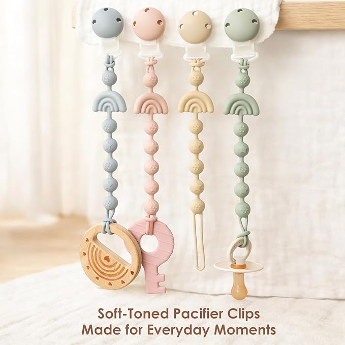Baby Pacifier Clips One Piece Binky Clip Holder Silicone Teether Clip Pacifier Straps with Clip Baby Teether Toys for Boys and Girls Set of 3 Andy Bear-Ivory+Sage+Blush