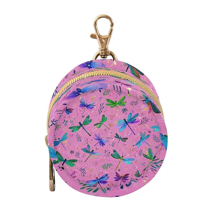 Pacifier Holder with Clip Pacifier Case for Diaper Bag Round Baby Pacifier Pouch Box Bag Portable Deep Pink Dragonflies and Leaves