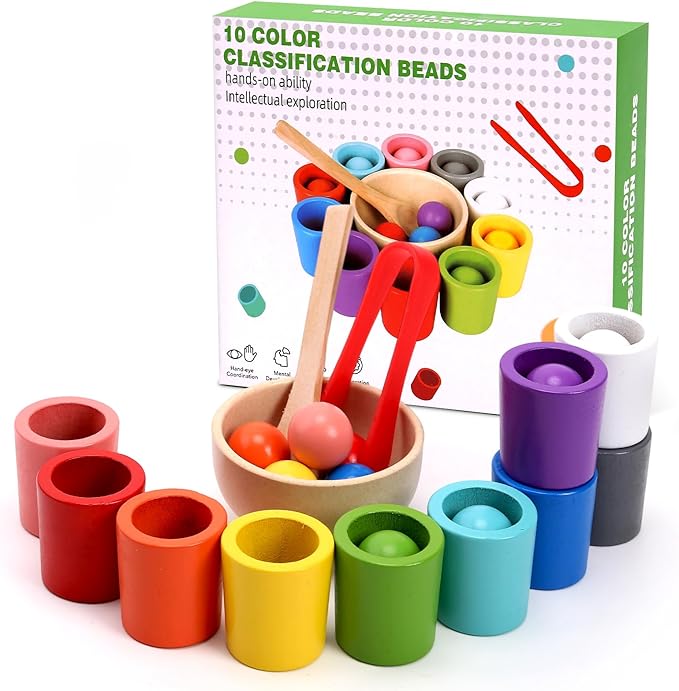 10 PCS Rainbow Balls in Cups, Mini Wood Classification Cup Game, Rainbow Sorting Balls with Spoon and Tongs, Preschool Learning Educational Montessori Matching Games for 3+ Year Old