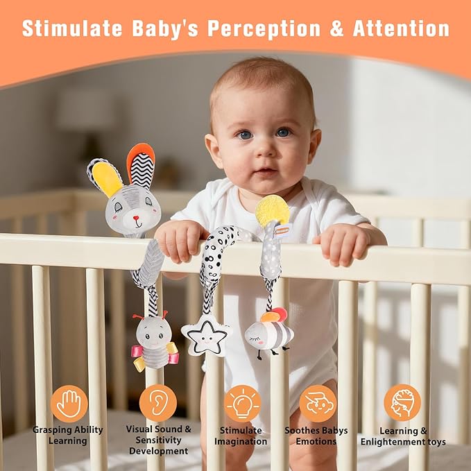 Baby Spiral Activity Toy, Stroller & Car Seat Hanging Toy for 0-12 Months, High Contrast Newborn Sensory Toy with Rattle & Crinkle Paper, Infant Travel Plush Toy for Crib Bassinet