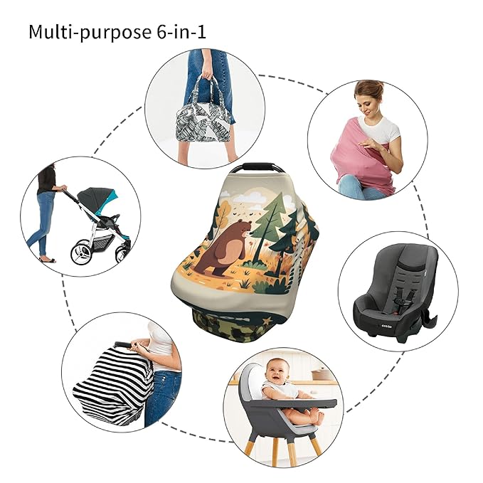 Personalized Bear Baby Car Seat Cover with Name,Multi-Use Canopy for Nursing, Strollers,Shopping Carts,Customized Breastfeeding Cover, Full Privacy,Infant Stroller Cover
