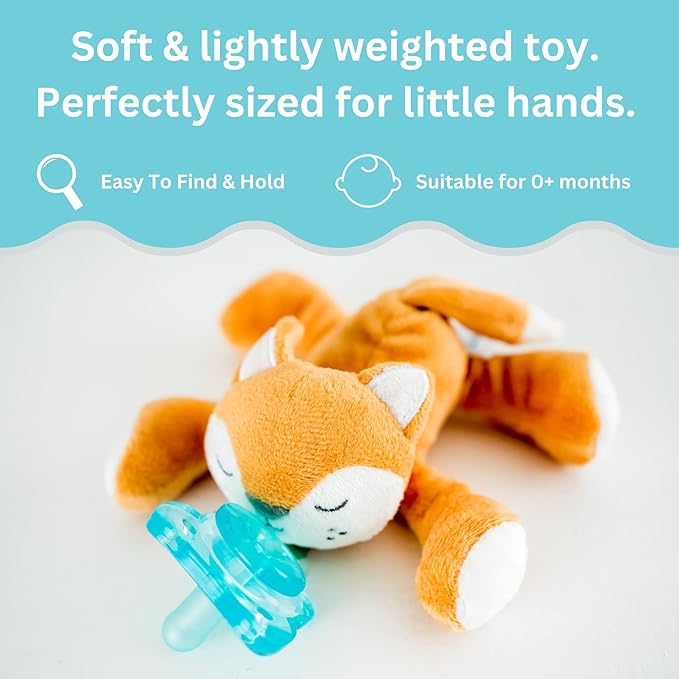 PaciBuddy Fox Pacifier Holder - Plush Toy with Universal Adapter & Detachable Pacifier, Gender Neutral Baby Gift for all Ages - Infant Plush Baby Toy, Versatile Baby Essentials, Binky & Soother