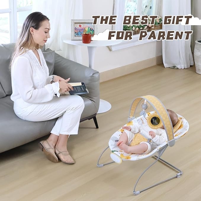 Portable Baby Bouncer Seat with 8 Melodies, 3 Vibration Levels & Adjustable Volume, Foldable Infant Bouncer Rocker with Safety Harness for Baby 0-6 Months, Indoor & Outdoor Use BR2405