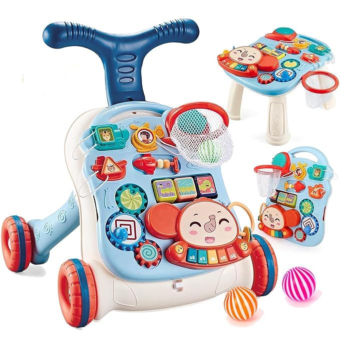 3 in 1 Baby Walker for Boys Girls Sit-to-Stand Learning Walkers Activity Center Table Educational with Removable Play Panel Weight Gain Design Walking Toys Baby Push Walker for Infant Boys Girls