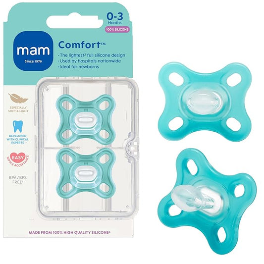 MAM Comfort Baby Pacifier 0-3 Months Specially for Smaller Newborn Mouths,Lightweight One-Piece BPA-Free Silicone, Easy to Clean, Best for Breastfed Babies, 2 Pk, Sterilizer Case, Made in Europe