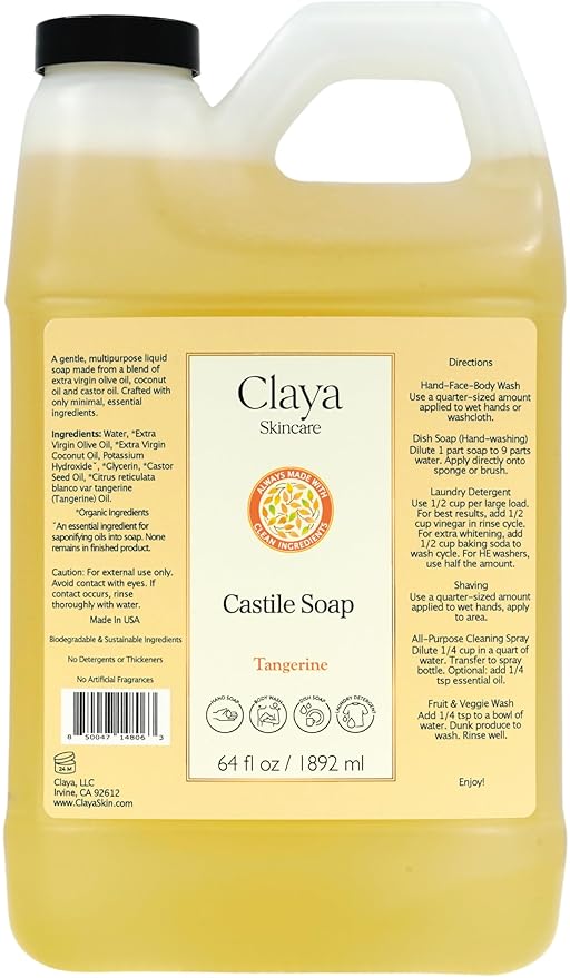 Claya Liquid Castile Soap – Organic Ingredients, Biodegradable, Gentle for Sensitive Skin and Versatile Use (64 fl oz, Tangerine)