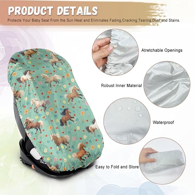 Car Seat Sun Shade Cover, Portable Car Seat Cover Baby Trend Car Seat Protector, Easy Installation for Baby & Kids, Horse Green