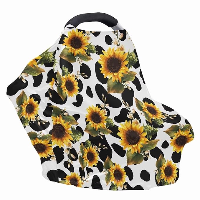 LedBack Sunflowers Cow Print Car Seat Cover for Babies, Soft Breastfeeding Cover Outdoor Breathable Baby Carseat Canopy, Easy to Use