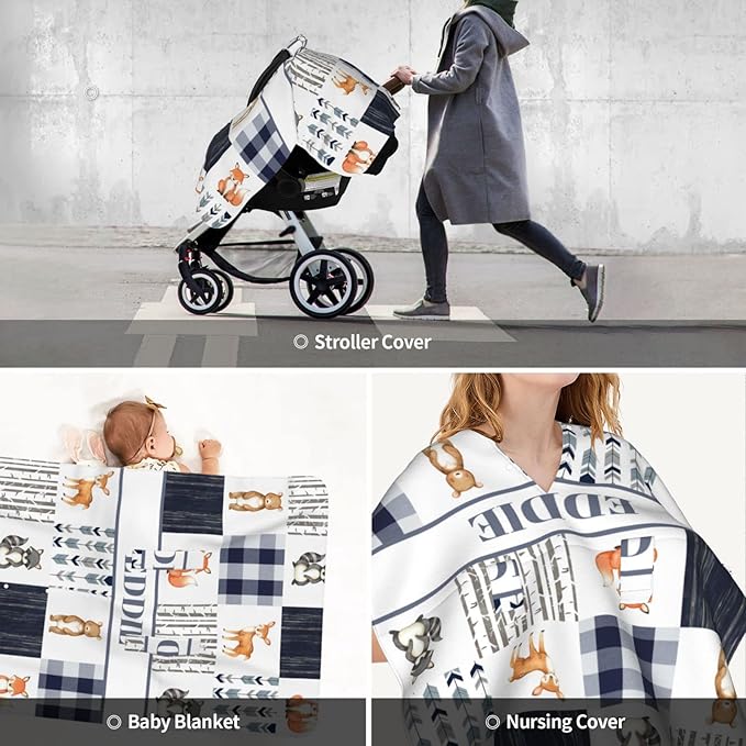 Personalized Baby Car Seat Canopy for Babies, Custom Name Car Seat Covers for Girls and Boys, Opening Minky Nursing Breastfeeding Cover for Infant, Carseat Canopies for Newborn (Woodland Animals)