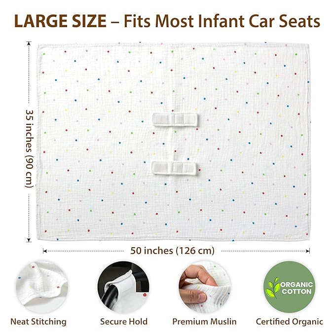 100% Organic Muslin Cotton Car Seat Cover 35 x 50 Inches Soft Touch Breathable Canopy, Protective Car Seat Cover Baby All Seasons Lightweight Car Seat Cover Travel Comfort (Multi-Color Dots)