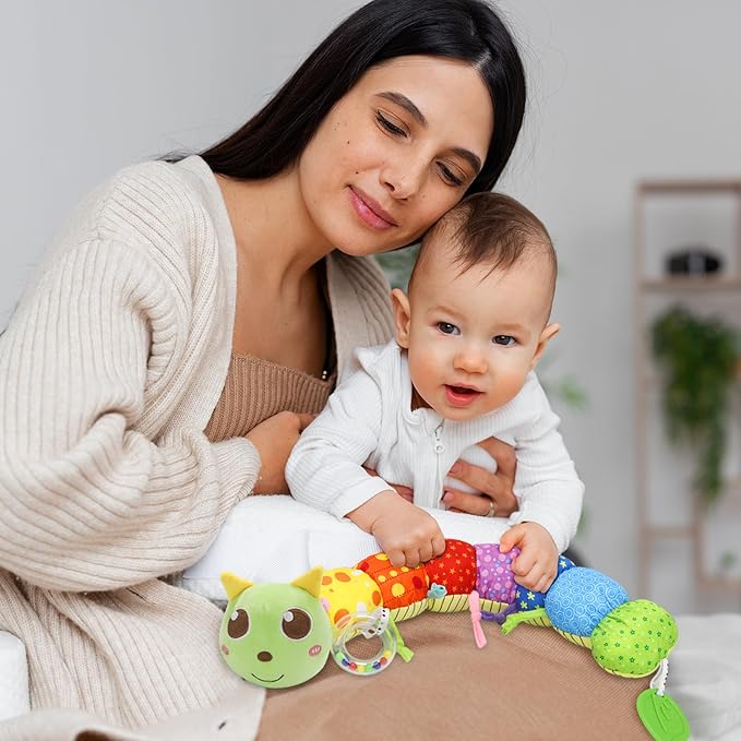 Baby Sensory Toy 0-12 Month with Mirror Crinkle Rattle, Infant Stuffed Plush Caterpillar Toy, Birthday Holiday Present for Newborn Boy Girl 0/3/4/6/7/8/9/12/18 Months Kids Toddler (Green Caterpillar)