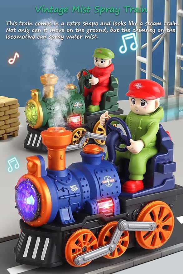 Miracland Electric Spray Steam Retro Train Toy for Toddlers 360° Bump-n-Go, Flashing Lights, Realistic Sounds & Water Vapor, Self-Driving Musical Locomotive, Christmas Birthday Gift for Kids (Blue)