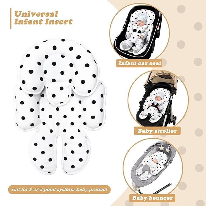 Infant Car Seat Insert, 2 in 1 Carseat Head Neck Pillow for Newborn, Breathable Baby Carriage Pad with Strap Covers, Fit Car Seat, Stroller, Bouncer, Polka Dot