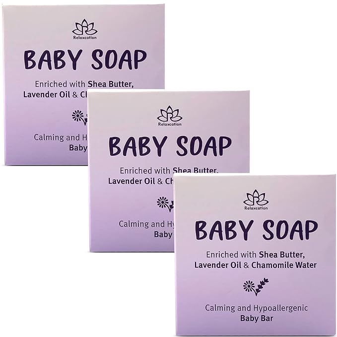 Relaxcation Baby Soap Bar with Lavender Essential Oils, Organic Chamomile Water and Moisturizing Shea Butter - Naturally Cold Process in USA - Gift For Newborns, Baby, Kids (3-pack)