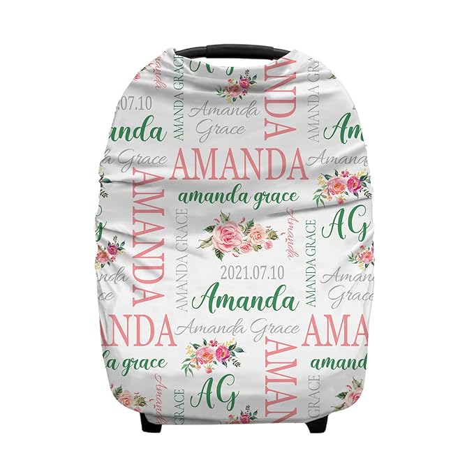 Personalized Monogram Flower Baby Car Seat Covers with Name, Custom Floral Rose Nursing Cover Breastfeeding for Babies, Carseat Canopy for Girls, Infant Stroller Cover, Breathable Carseats Cover