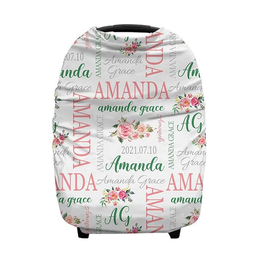 Personalized Monogram Flower Baby Car Seat Covers with Name, Custom Floral Rose Nursing Cover Breastfeeding for Babies, Carseat Canopy for Girls, Infant Stroller Cover, Breathable Carseats Cover