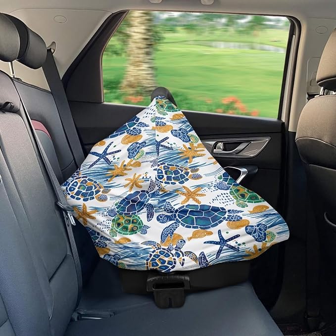 Binienty Baby Car Seat Cover - Watercolor Sea Turtle Print Infant Carseat Canopy Soft Breathable Nursing Cover, Gifts for Mom Lover Wife