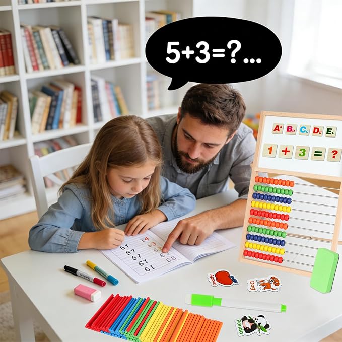 Wooden Abacus for Kids Math – Double-Sided Drawing Board with 100 Counting Sticks, 3 Sets Cards, Clock & Accessories, Educational Learning Toy for Ages 3-8, Homeschool & Preschool Essentials