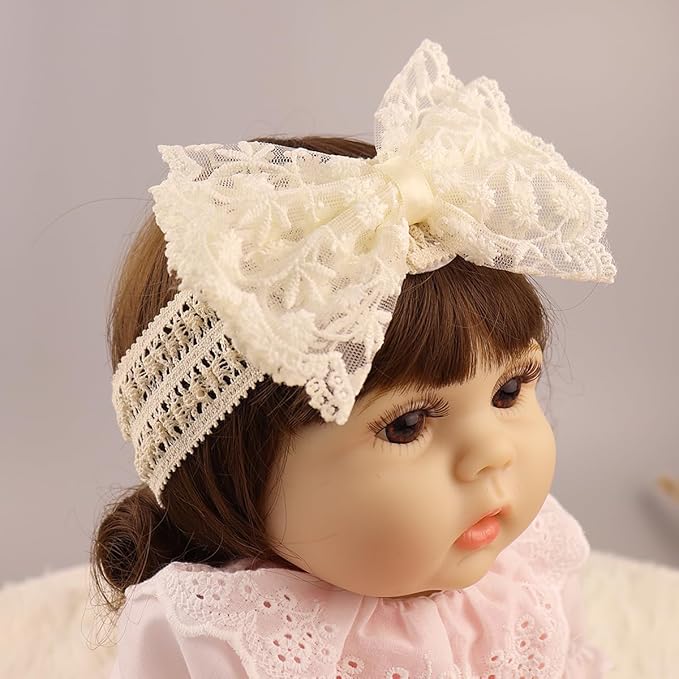 Lace Flower Bow-knot Baby Girls Headband Birthday Infant Wrap Elastic Baby Turban Hairband for Newborn Infant Toddler Kids (Ivory)