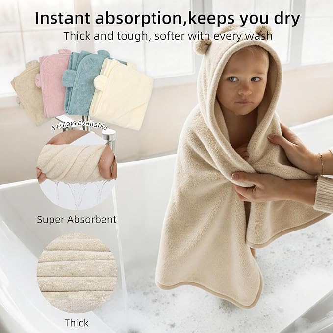 LifeTree 1 Pack Baby Hooded Towel with 1 Pack Washcloth for Newborn, 100% Cotton Bath Towel for Babies, Infant, Toddler and Kids, Thick,Soft and Absorbent, 30 * 30 Inches, Newborn Essentials, Khaki