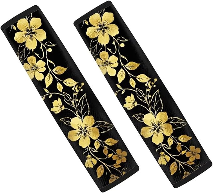 AFPANQZ Golden Floral Seat Belt Cover Pads Cushion Universal Fit Safety Seatbelt Pillow Head and Neck Support Adjustable Driver Shoulder Protection Luggage Bag Strap Pad