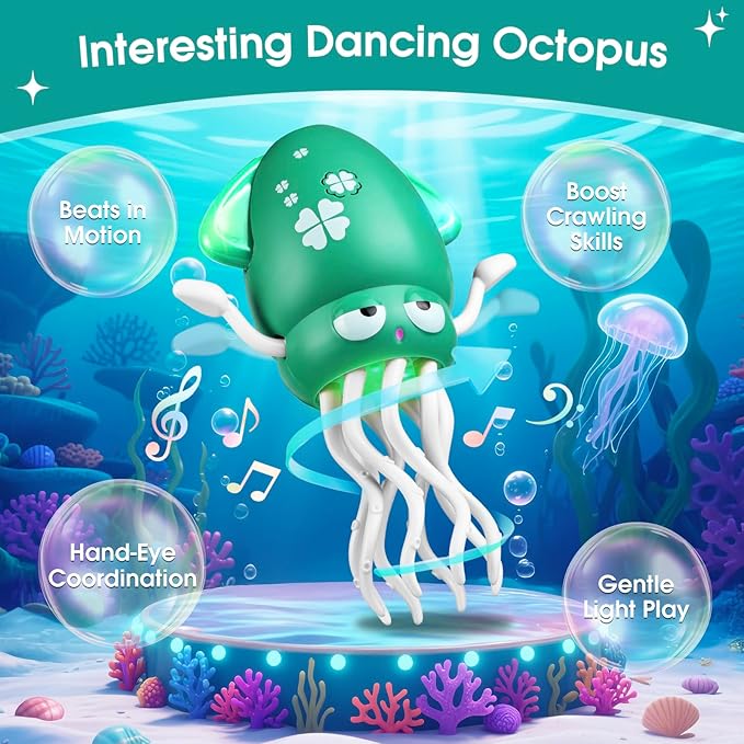 Baby Dancing Octopus Toys for 3 4 5 6+ Year Old Boy Girl, Magic Musical Crawling Tummy Time Toy, Led Light Dancing Squid Toy for Walking Toddlers, Kids Birthday