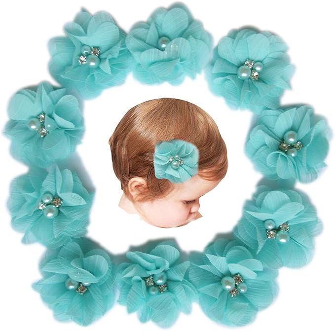 Baby Girls Chiffon Flower Hair Clips with Rhinestones and Pearl,YYCRAFT 10 pcs Party Wedding 2" Hair Accessory for Kids Toddler Infant Girls(Mint)