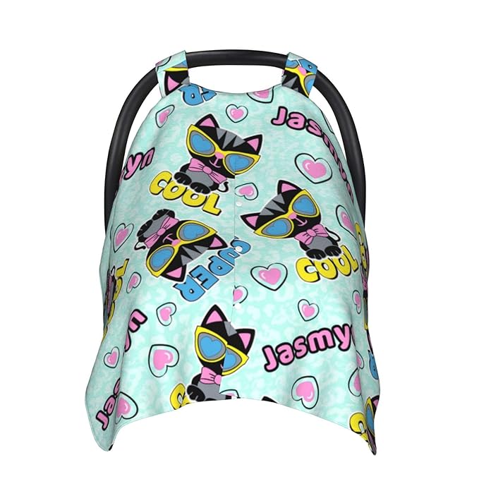 Personalized Baby Car Seat Canopy With Name - Custom Cute Cat Stroller Cover for Girls, Minky Nursing Cover for Breastfeeding, Newborn Carseat Canopies