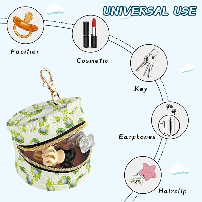 Golf Ball Flame Green Print Pacifier Holder Case for Diaper Bag Portable Travel Pacifier Storage Case with Clip Newborn Baby Pouch for Baby Boys Girls Purse Outdoor