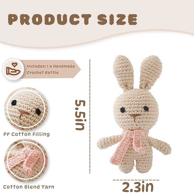 Moyii Handmade Crochet Bunny Baby Rattle - Soft Cotton Amigurumi Sensory Shaker Toy for Newborns & Infants - Easy Grip Lovey Sleep Toy & Neutral Nursery Decor Shower Gift