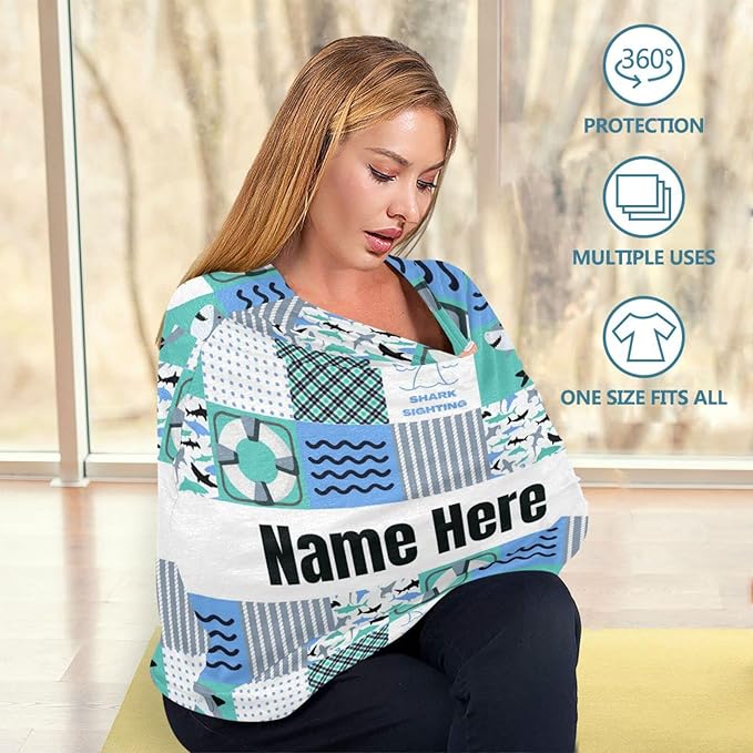 Personalized Cute Shark Plaid Baby Car Seat Cover for Babies with Name, Custom Baby Car Seats Canopy for Boys, Nursing Breastfeeding Stroller Covers Infant Car Seat Blanket for Newborn