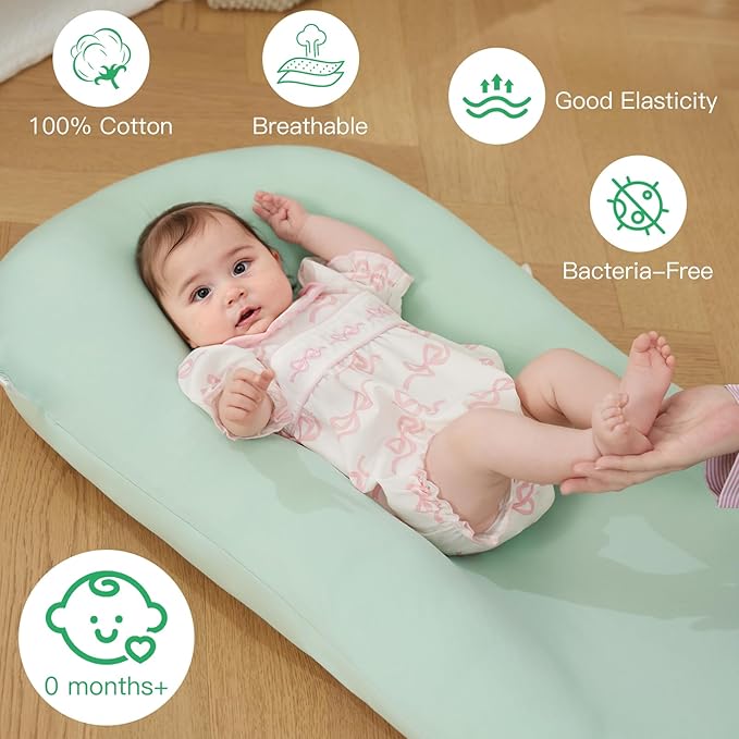 Lucakuins Baby Support Cushion, 0-24 Months Newborn Infant Support Cushion with Cover, Portable Tummy Time Mat for Home and Travel, Soft Cotton, Supervised Use, Baby Essentials Gift (Lovely Green)