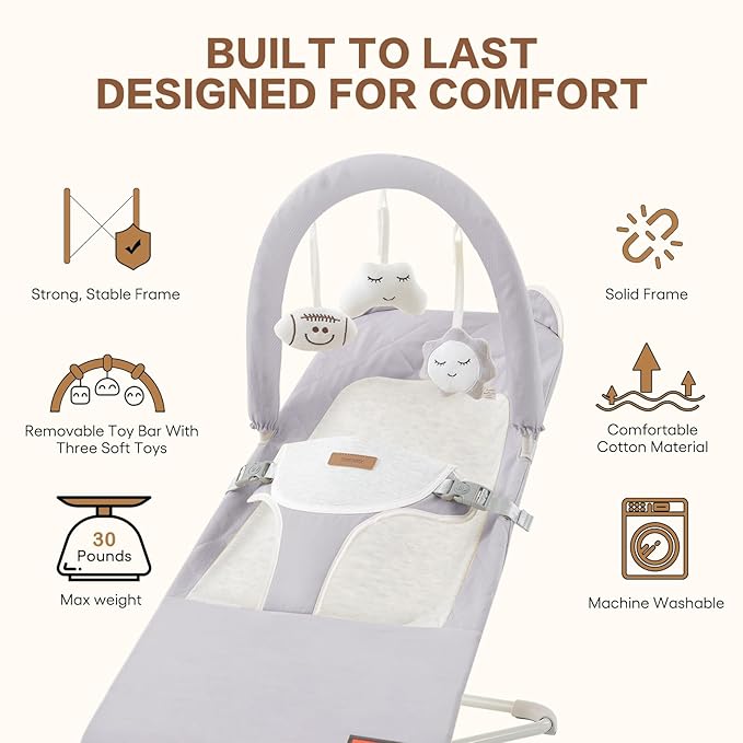 Baby Bouncer, Foldable Infant Bouncer Seat with 3 Adjustable Heights, 0-18 Months, Portable Baby Bouncer with Soft Cotton Fabrics, Lightweight & Easy to Wash