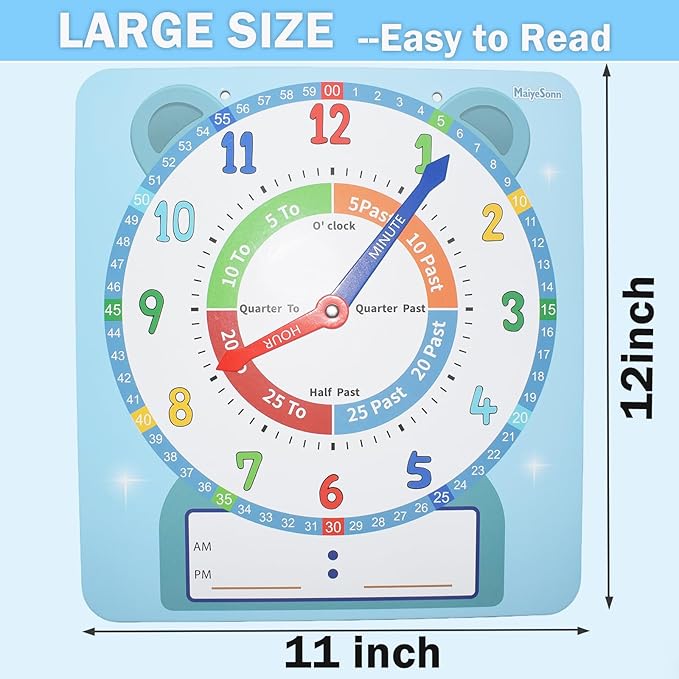 Teaching Clocks for Kids, Large Magnetic Writable Dry Erase Learning Clock with Pen,12" Teaching Demonstration Clock Learning Time to Tell Time for Kids Home School Classroom Supplies-Blue