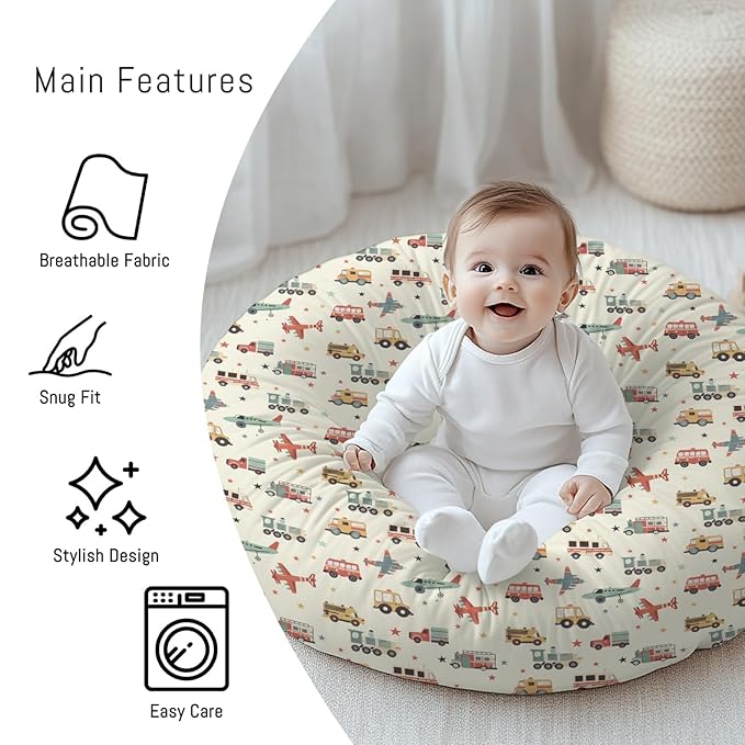 Cartoon Transportation Pattern Baby Lounger Cover, Unisex Plane Car Train Stars Removable Infant Newborn Snug Fit Floorseat Sleeping Lounger Slipcover for Boys Girls Lounger Pillow,Cover Only