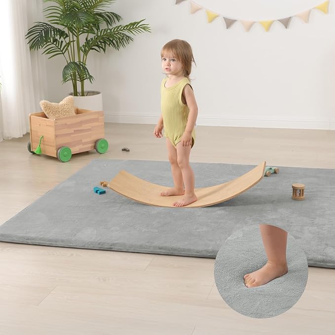 Huloo Sleep Baby Play Mat for Floor,1.3" Thick Elasti-Foam 50"×74" Playpen Mat for Tummy Time,Water Repellent Soft Coral Velvet for Toddler,Infant,Kids,Non-Slip Backing Safe for Crawling(Light Grey)