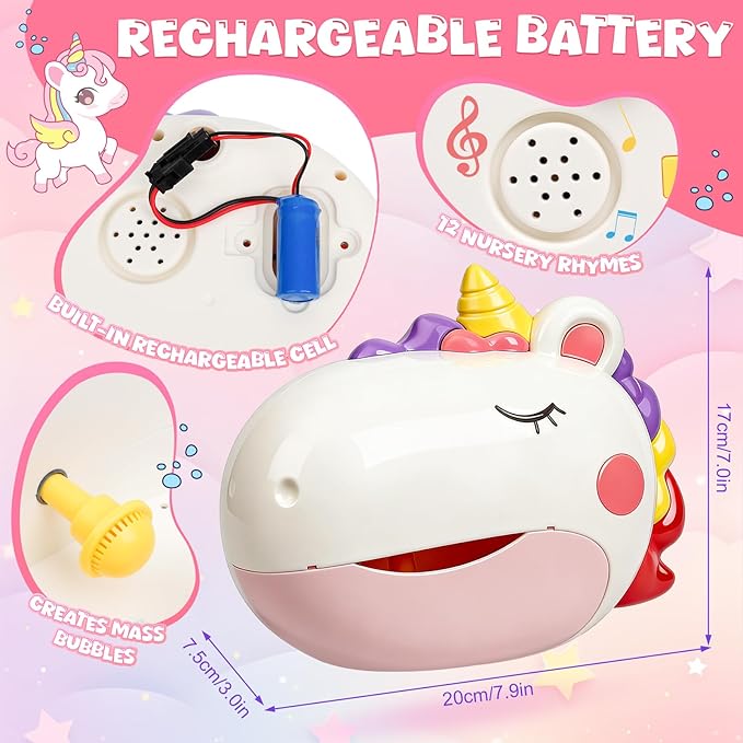 Baby Bath Toys, Unicorn Rechargeable Bath Bubble Machine, Automatic Bubble Maker with 12 Music, Bathtub Shower Water Toys, Toddlers Gifts for Girls Bathroom Toys Kids Ages 1-3 4-8
