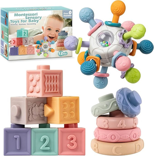 SpringFlower 3 in 1 Montessori Toys for Babies 0-3-6-12 Months, Rattle Teether & Baby Blocks & Soft Stacking Rings, Sensory Developmental Education Toys,Gift for Toddler Baby 0-3-6-12-18 Months
